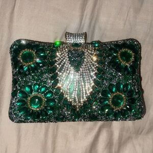Emerald Green and Gold Chain Handbag with Rhinestone Accent